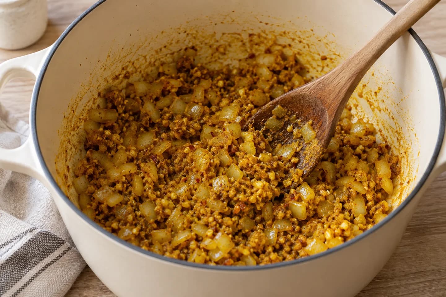 Golden Turmeric Coconut Red Lentil Stew: Stir in garlic, ginger, turmeric, garam masala, salt, and red pepper flakes