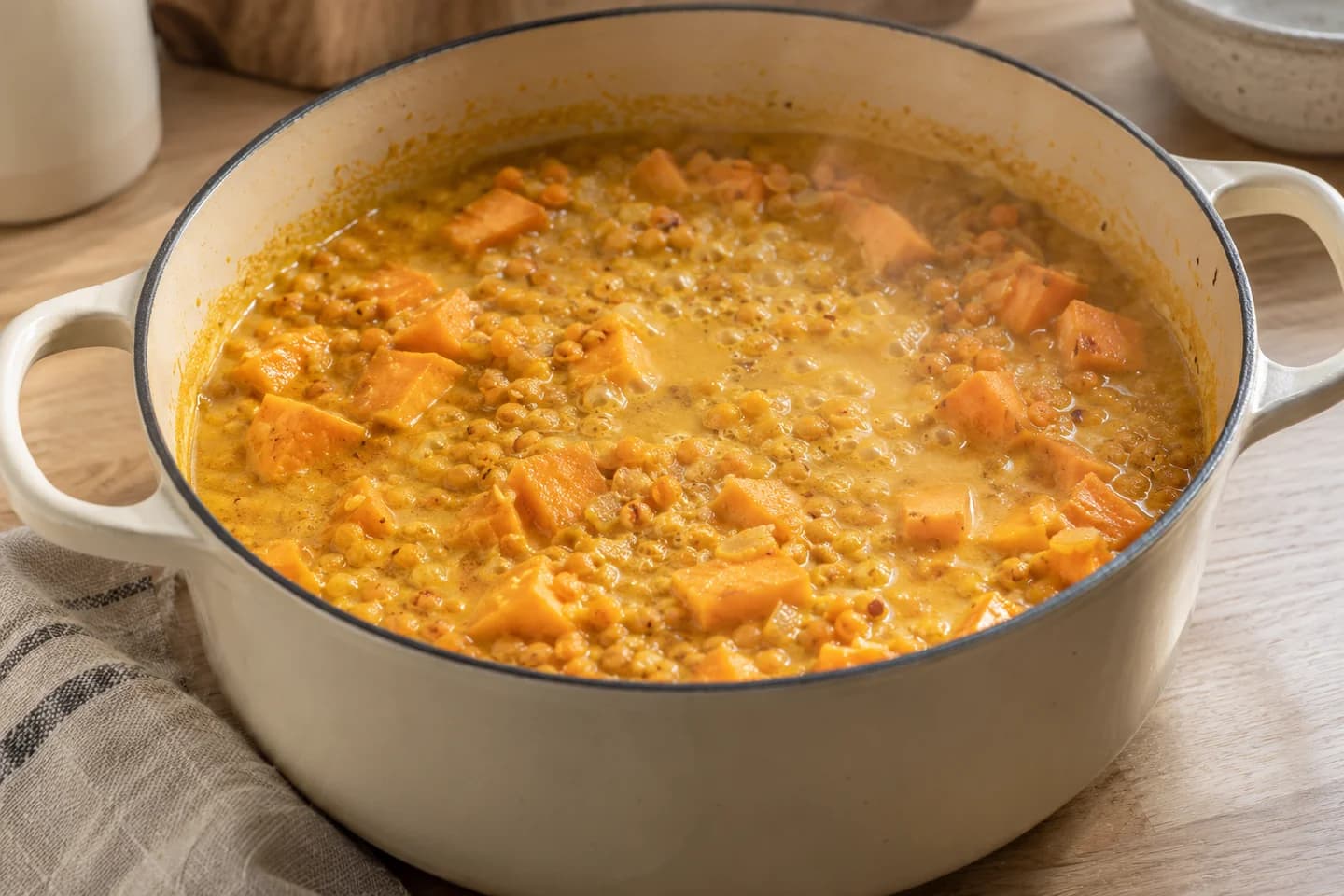 Golden Turmeric Coconut Red Lentil Stew: Add lentils, coconut milk, vegetable broth, and sweet potato