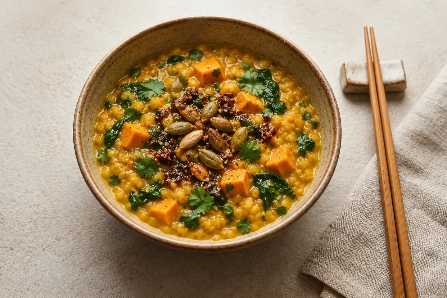 Golden lentil and sweet-potato stew with wilted spinach, chili crisp and pumpkin seeds