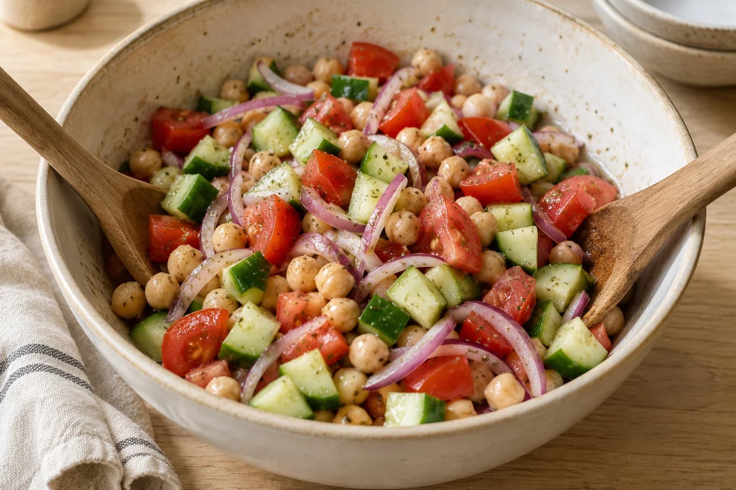 Greek Chickpea Cucumber Salad: Add chickpeas, cucumber, tomatoes and red onion and toss gently