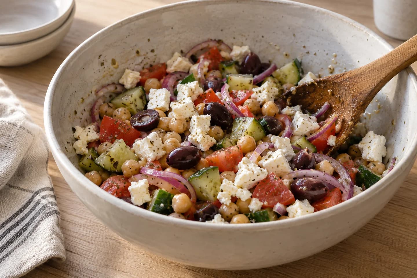 Greek Chickpea Cucumber Salad: Fold in feta and olives without crushing the cheese
