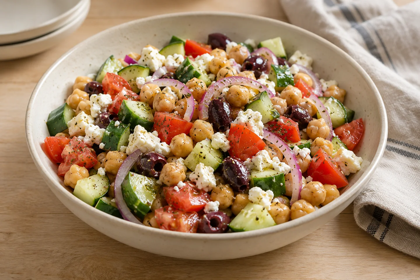 Greek Chickpea Cucumber Salad, ready to serve