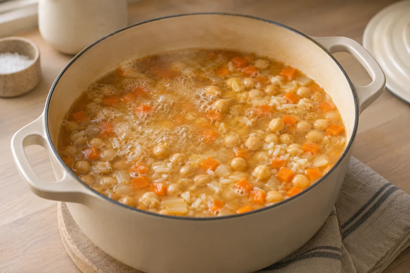Greek Lemon Chickpea Soup: Add chickpeas, rice, stock and salt