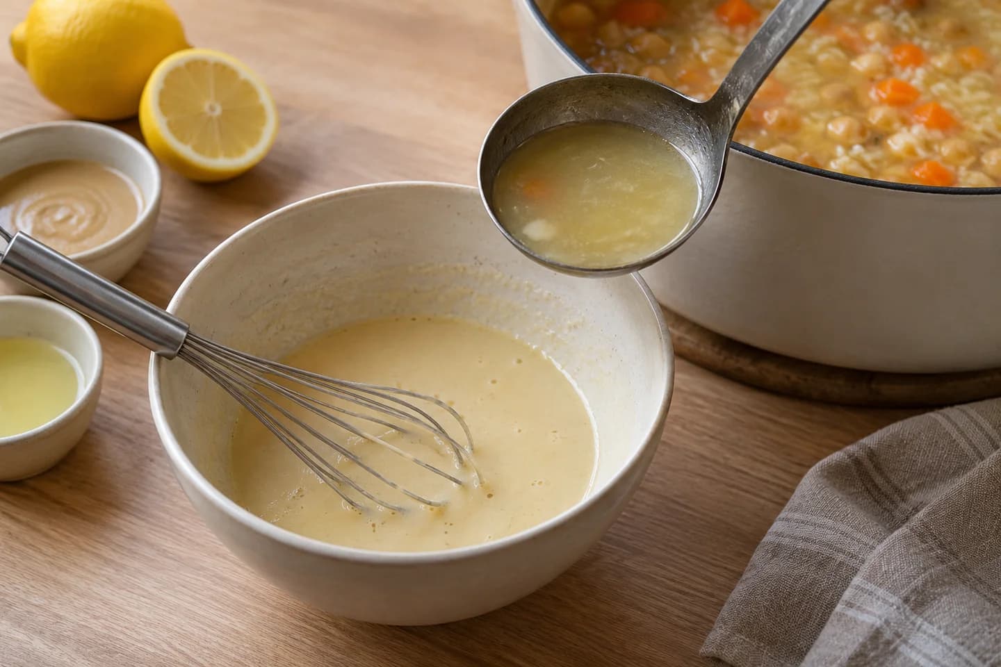 Greek Lemon Chickpea Soup: Whisk tahini and lemon juice with a ladleful of broth until smooth