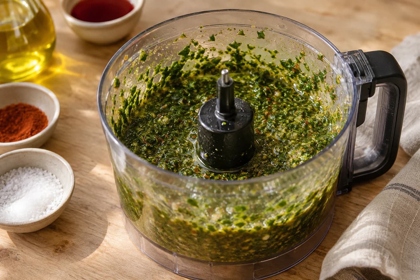 Grilled Halloumi Chimichurri Grain Bowls: Blend parsley, cilantro, garlic, shallot, jalapeño, vinegar, olive oil, paprika, and salt until saucy but still textured