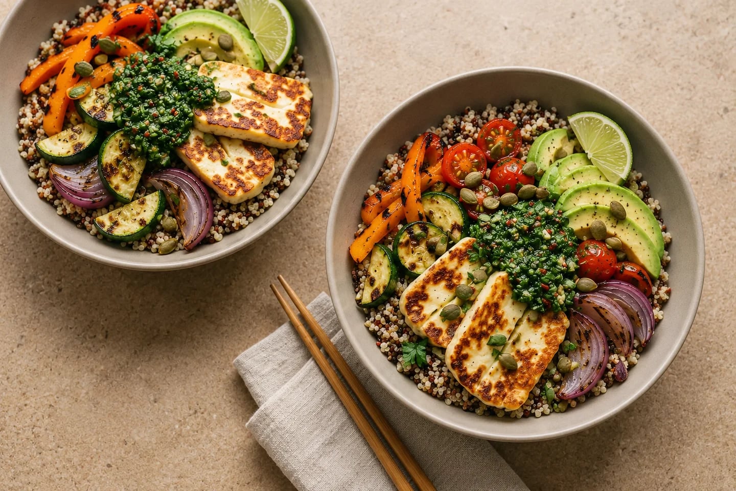 Bowl with grilled halloumi, quinoa, chimichurri, and vegetables