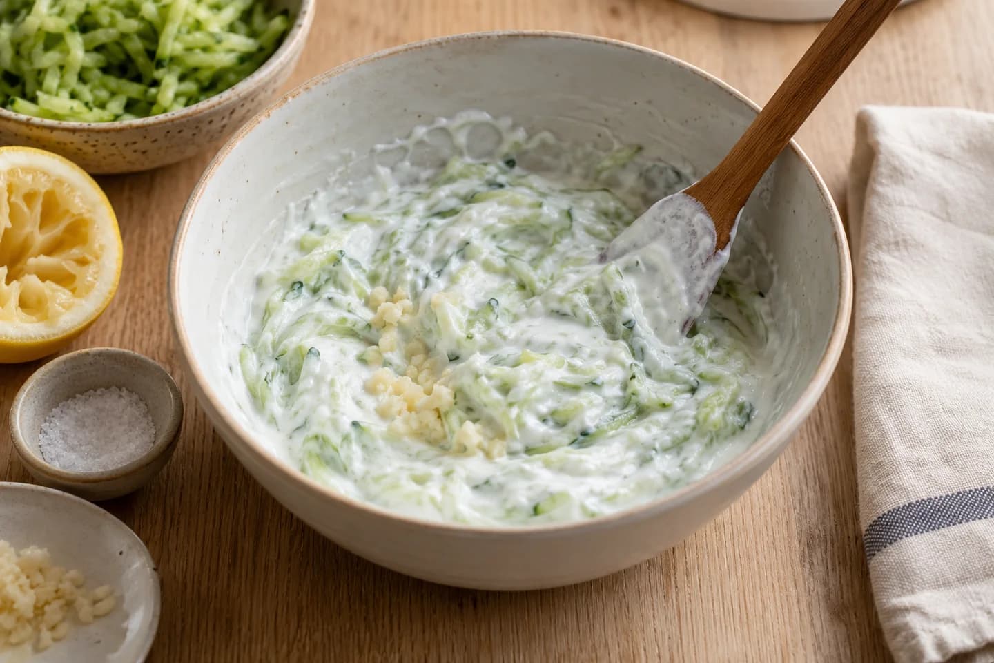 Halloumi Pepper Souvlaki: Mix yogurt, cucumber, garlic, remaining lemon juice and salt for a cooling sauce