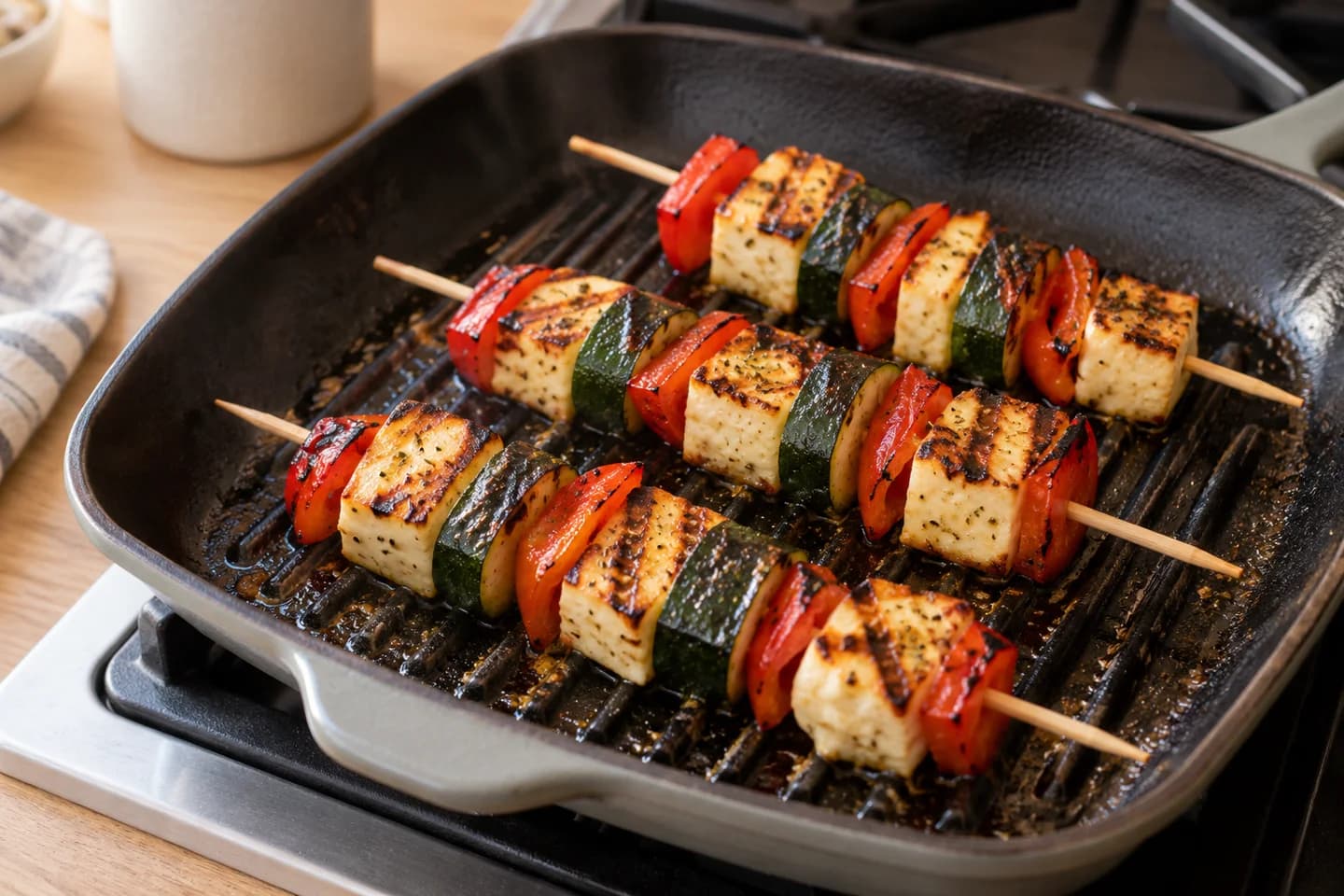 Halloumi Pepper Souvlaki: Heat a grill pan over medium-high heat with the remaining oil