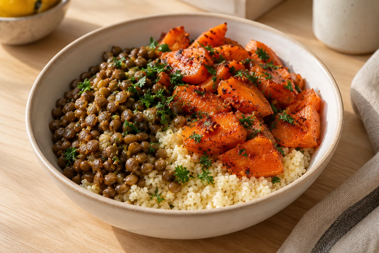 Harissa Carrot Lentil Bowls, ready to serve