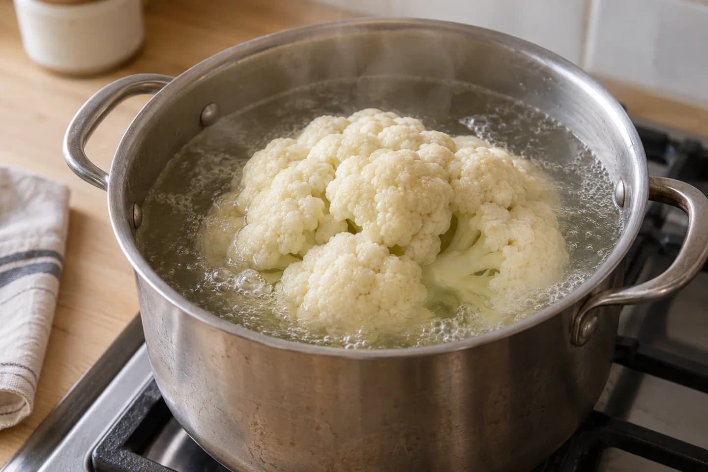 Herb-Roasted Cauliflower Crown with Shallot-Mushroom Gravy: Lower the cauliflower into the water and parboil until just tender on the outside, about 5 minutes