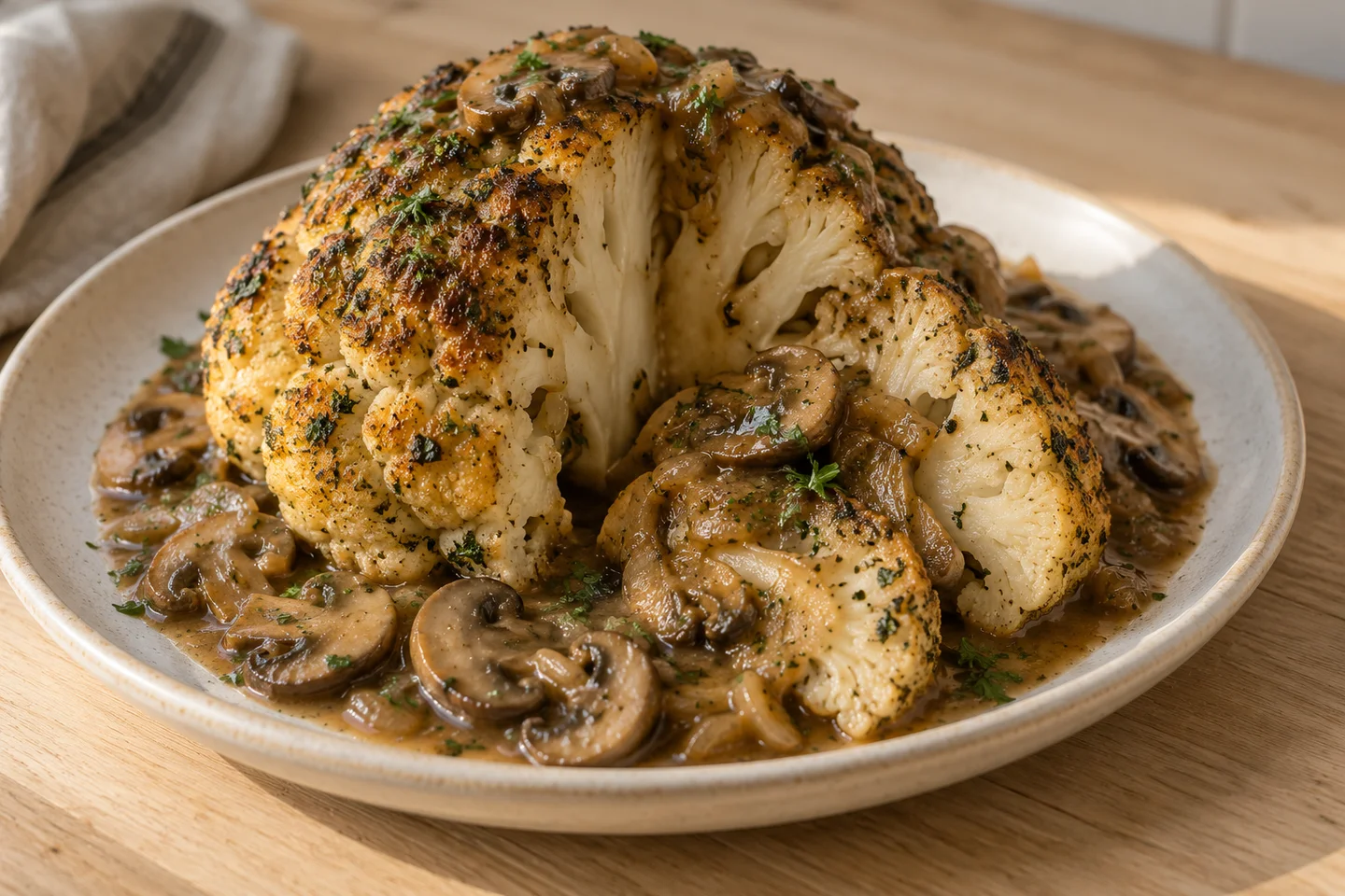 Whole roasted cauliflower served with mushroom gravy
