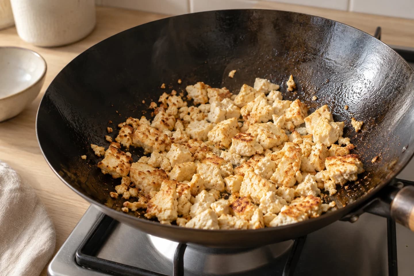 Kimchi Tofu Fried Rice: Heat neutral oil in a wok and fry tofu over high heat for 5 minutes until dry and lightly browned