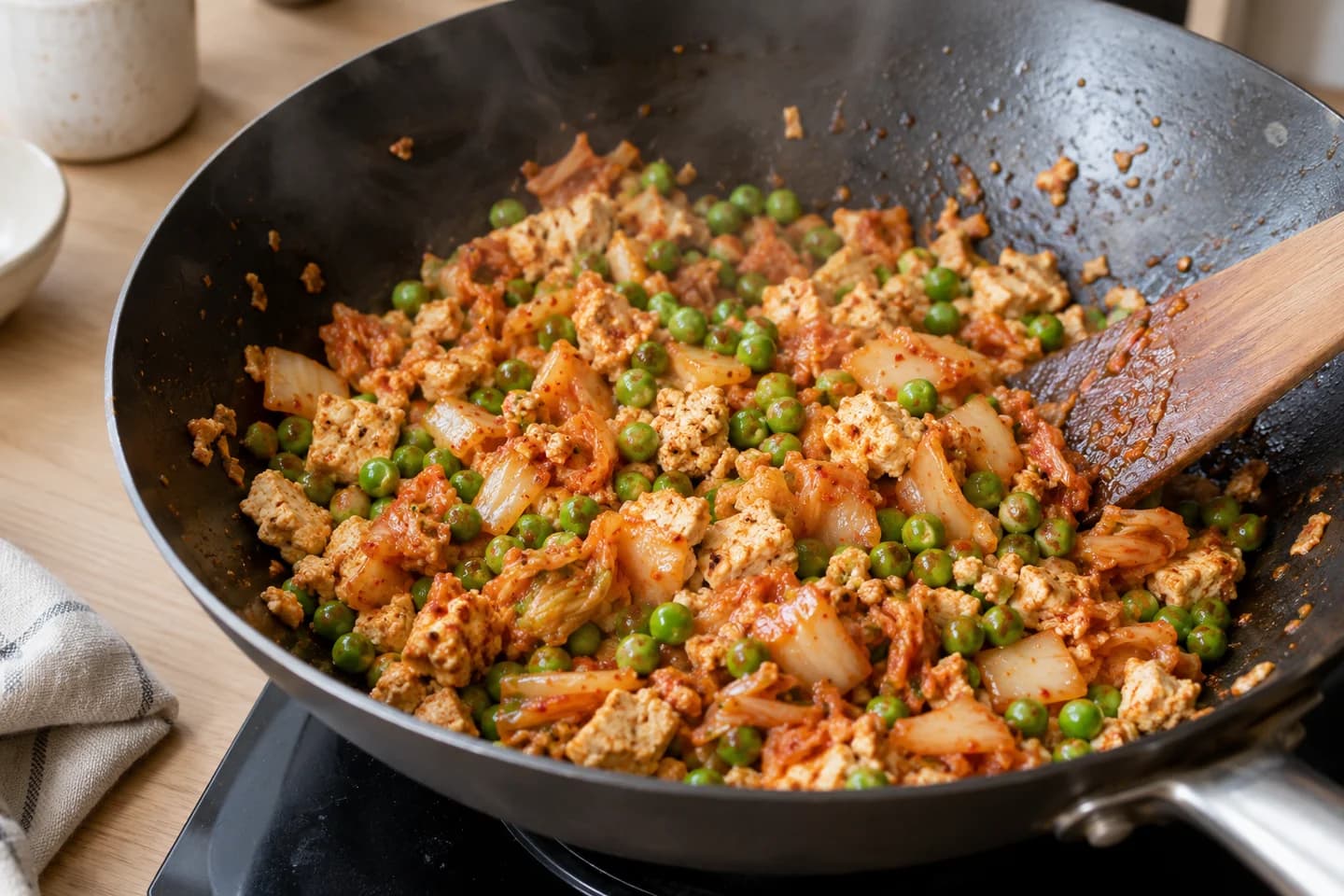 Kimchi Tofu Fried Rice: Add vegan kimchi and peas and stir-fry for 3 minutes