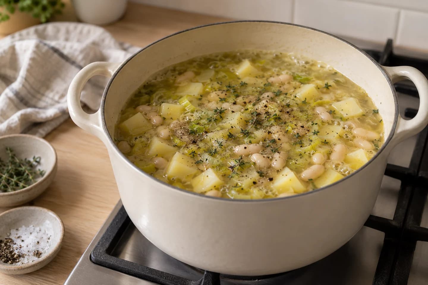 Leek Potato White Bean Soup: Add potatoes, beans, stock, thyme, salt and pepper