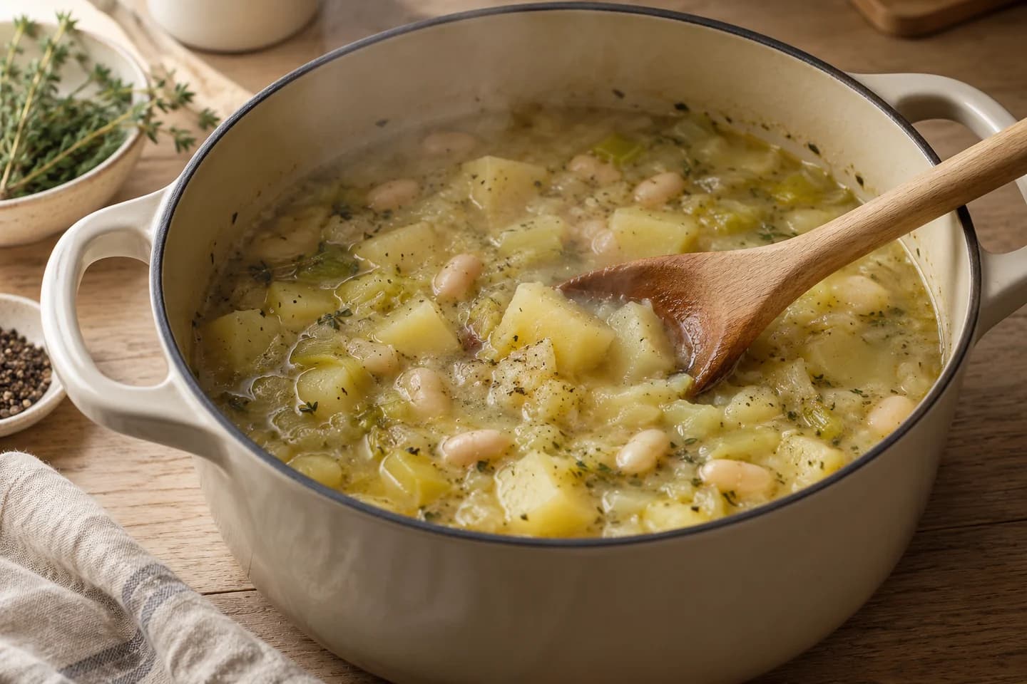 Leek Potato White Bean Soup: Simmer for 18–20 minutes until the potatoes are soft enough to crush with a spoon