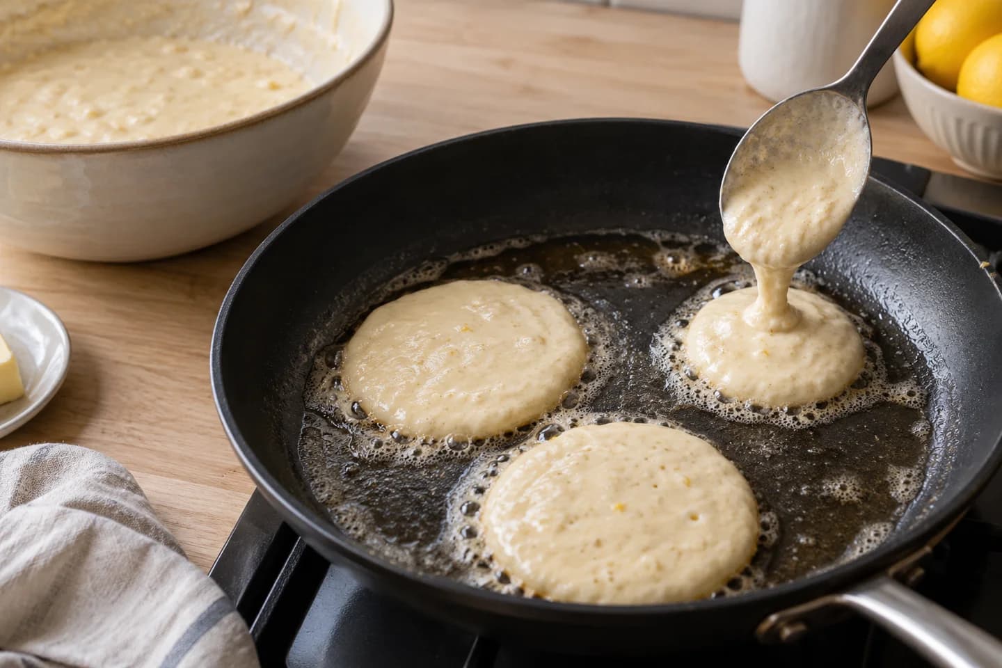 Lemon Ricotta Pancakes: Melt a little butter in a skillet over medium-low heat