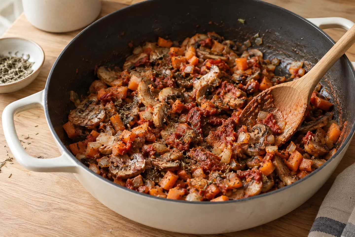 Lentil Mushroom Cottage Pie: Meanwhile, cook onion, carrot and mushrooms in half the oil for 10 minutes