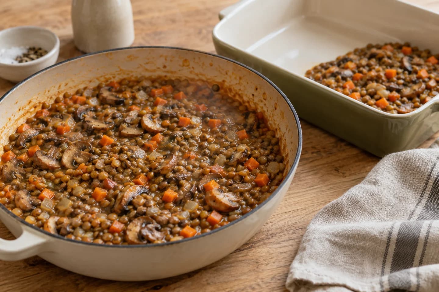 Lentil Mushroom Cottage Pie: Add stock, lentils, half the salt and pepper