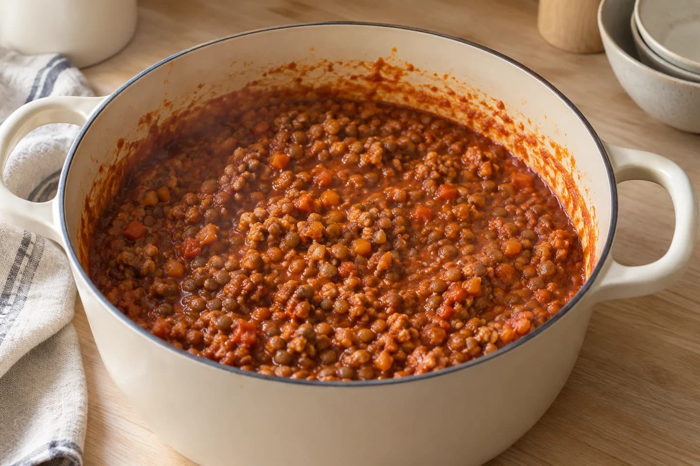 Lentil Walnut Bolognese: Simmer uncovered for 20 minutes, stirring occasionally, until thick