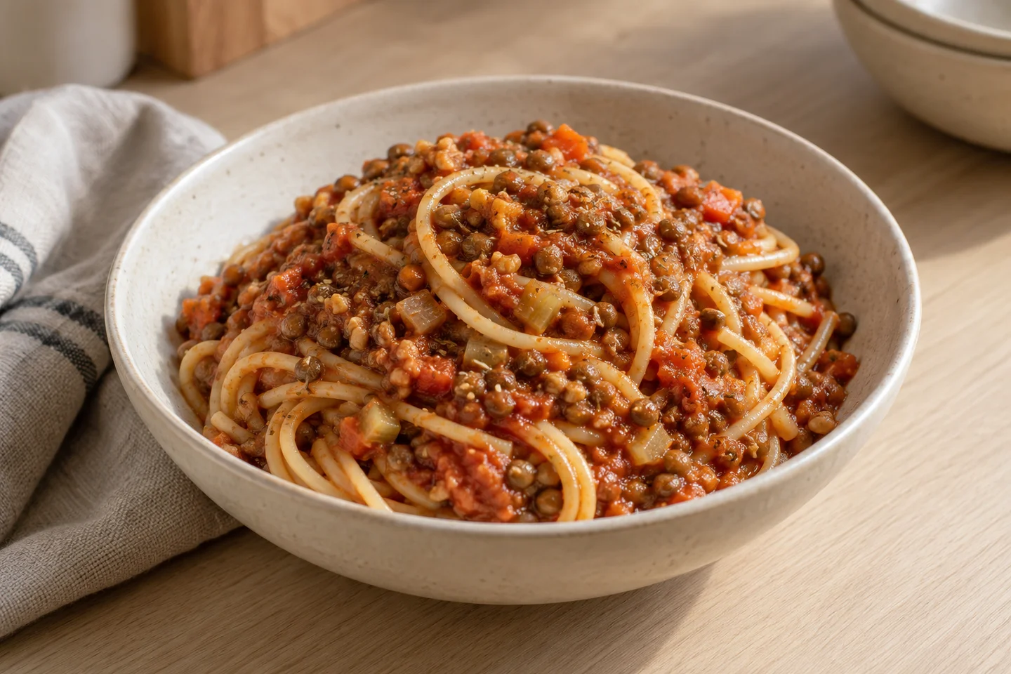 Lentil Walnut Bolognese, ready to serve