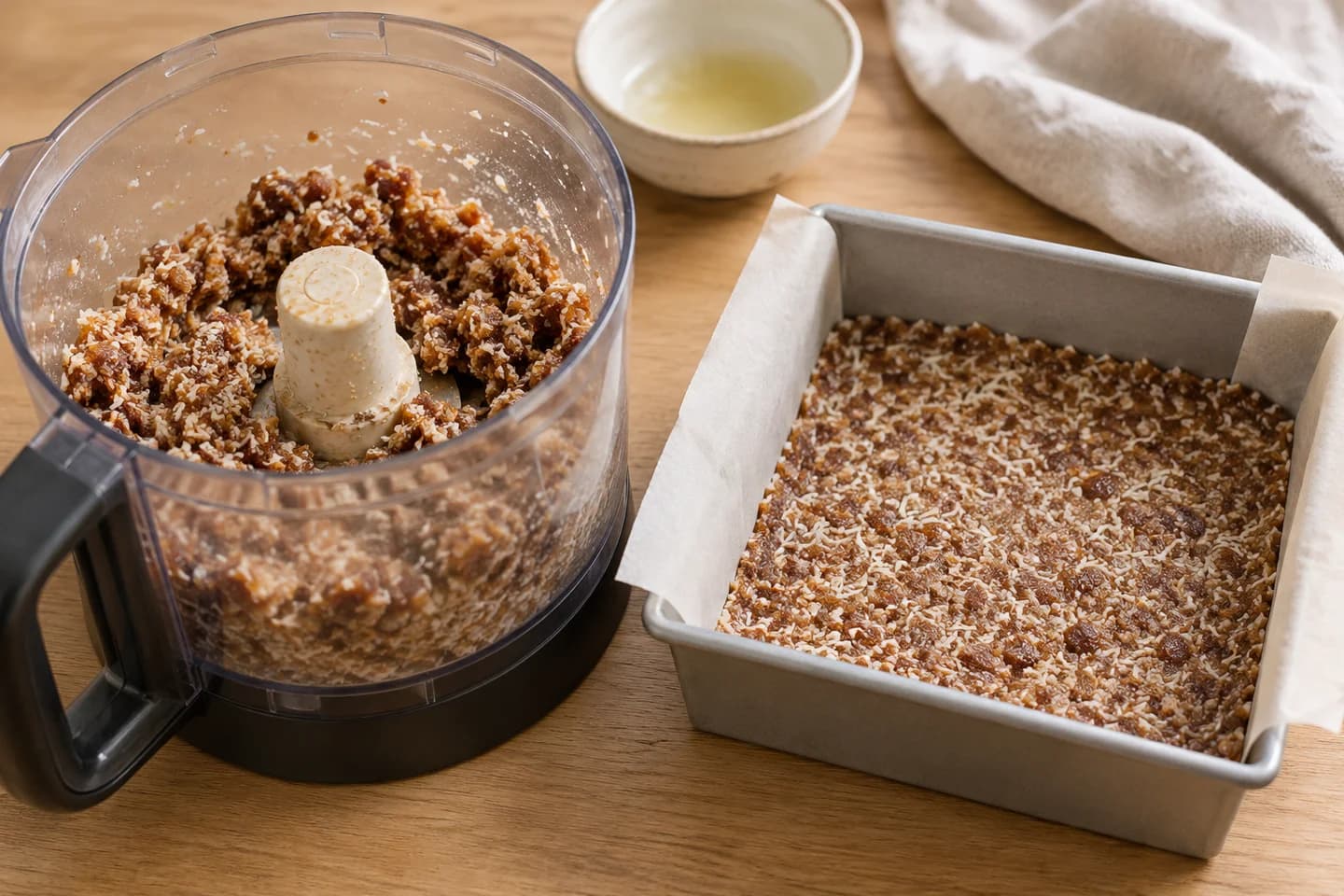 Mango Passionfruit Chia Cheesecake Bars: Pulse dates, shredded coconut, and half the melted coconut oil in a food processor until the mixture clumps; press firmly into the pan for the crust