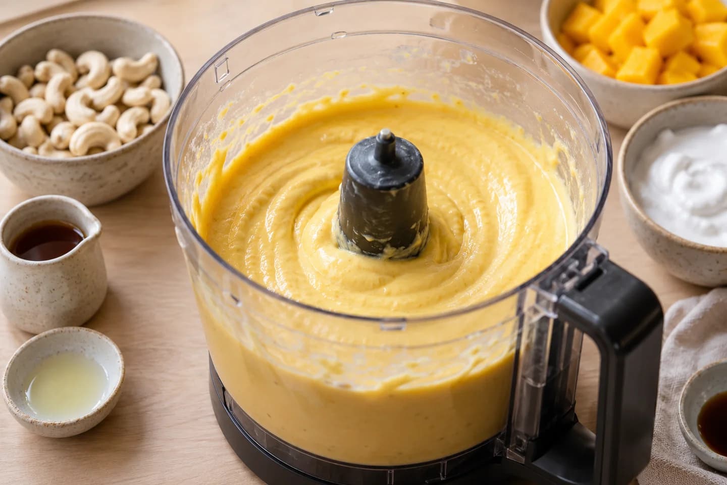 Mango Passionfruit Chia Cheesecake Bars: Blend soaked cashews, coconut cream, mango, maple syrup, lime juice, vanilla, salt, and remaining coconut oil until ultra-smooth