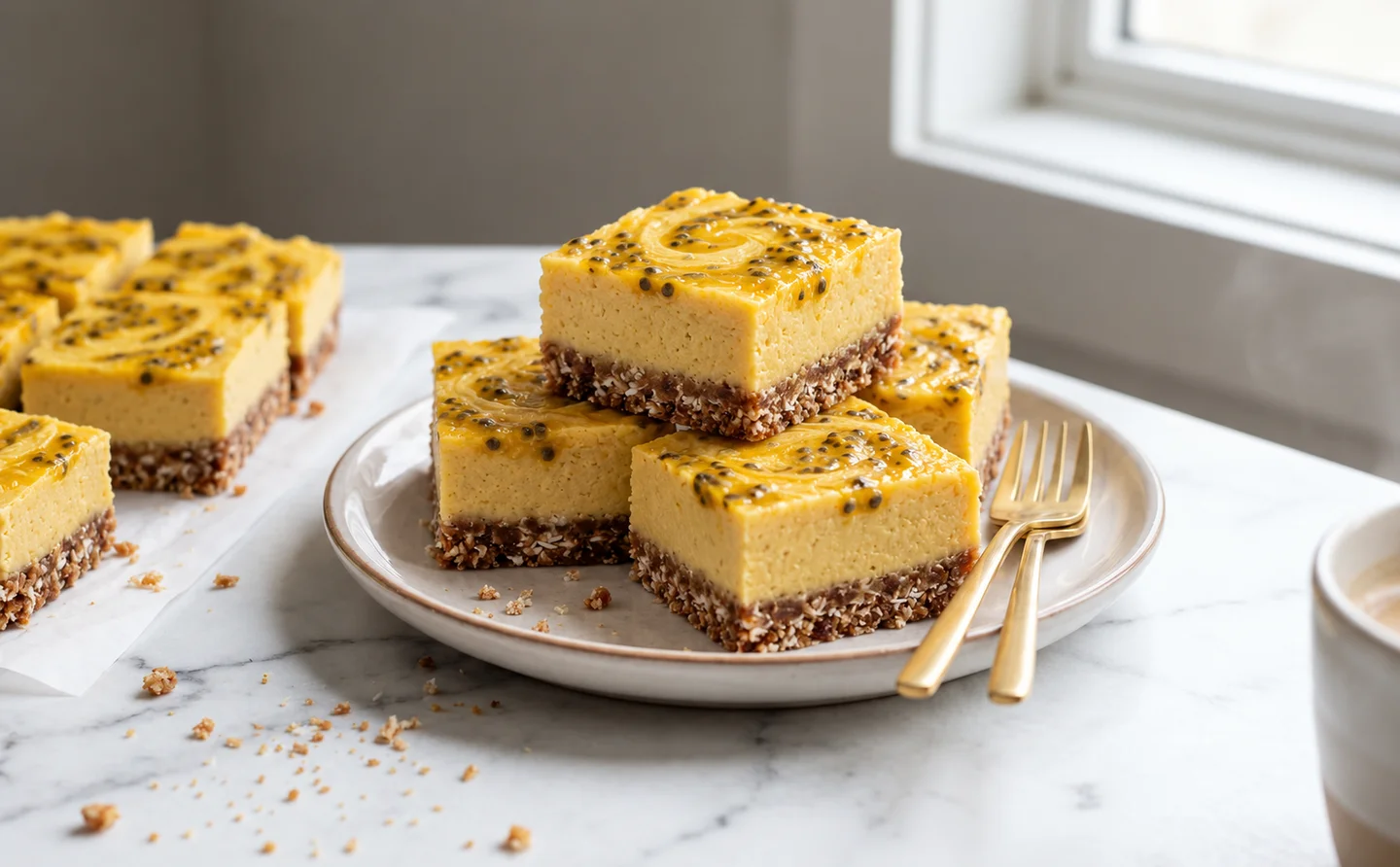 Mango cashew bars with a date-coconut crust and passionfruit chia swirls
