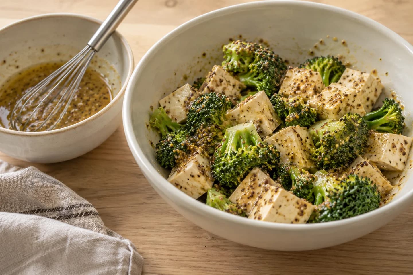 Maple Mustard Tofu Traybake: Whisk mustard, maple syrup, lemon juice, remaining oil and salt