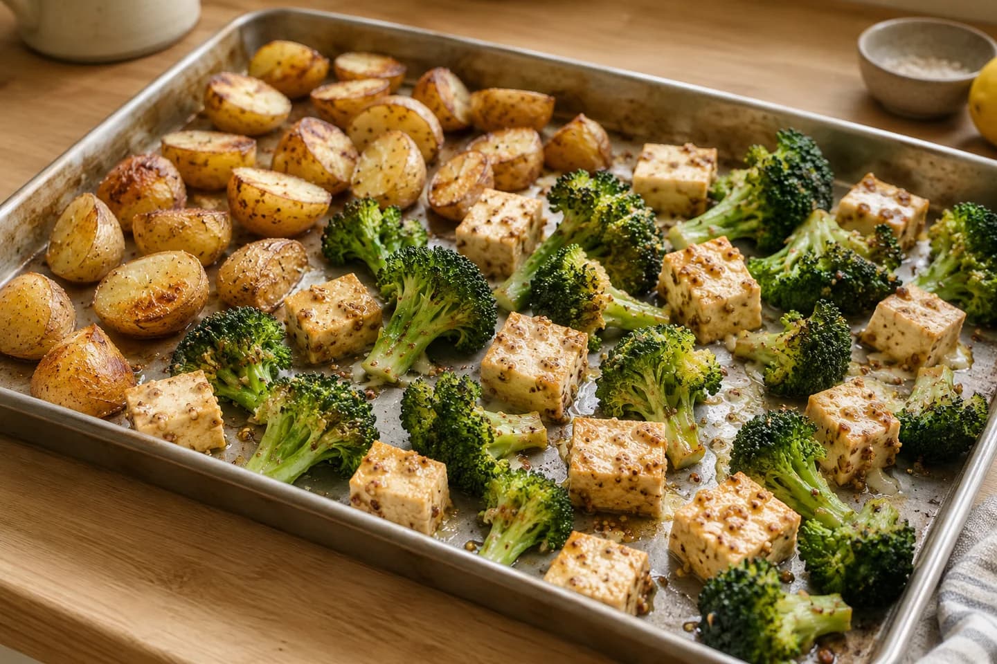 Maple Mustard Tofu Traybake: Add tofu and broccoli to the tray, leaving space between pieces