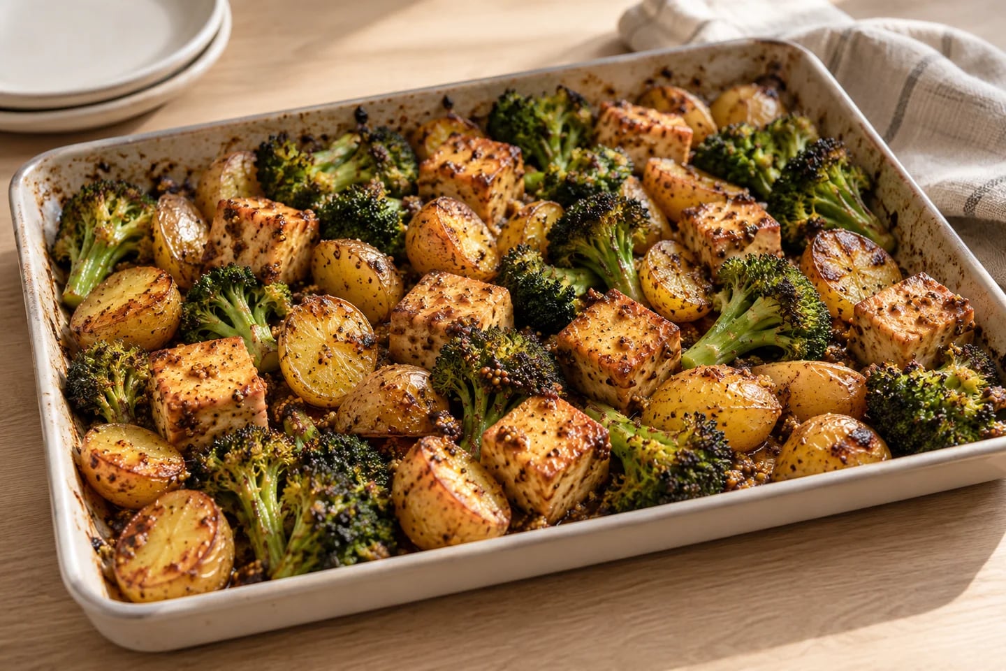 Maple Mustard Tofu Traybake, ready to serve
