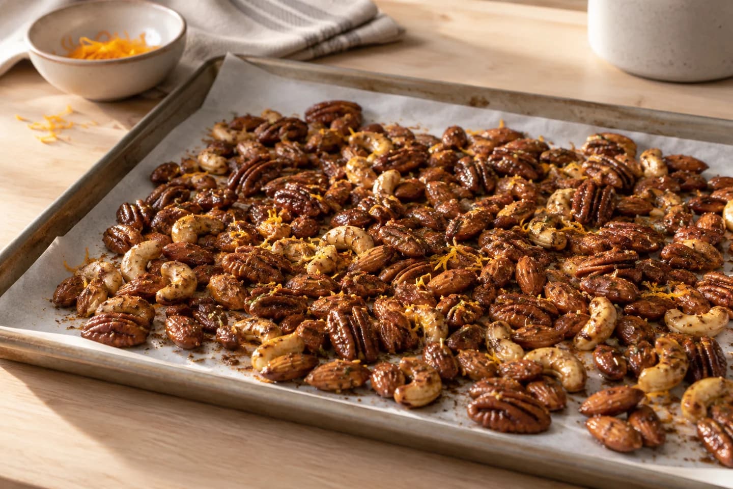 Maple Rosemary Warm Spiced Nuts: Spread nuts on parchment to cool, then sprinkle with orange zest