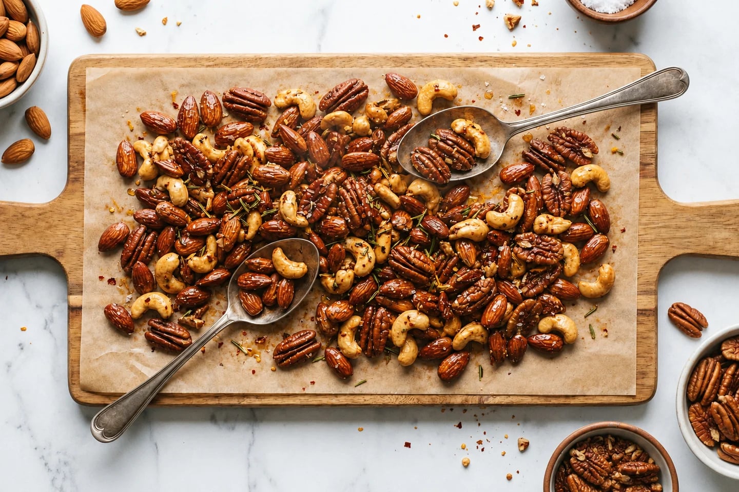 Maple-glazed almonds, pecans and cashews with chopped rosemary and orange zest on parchment