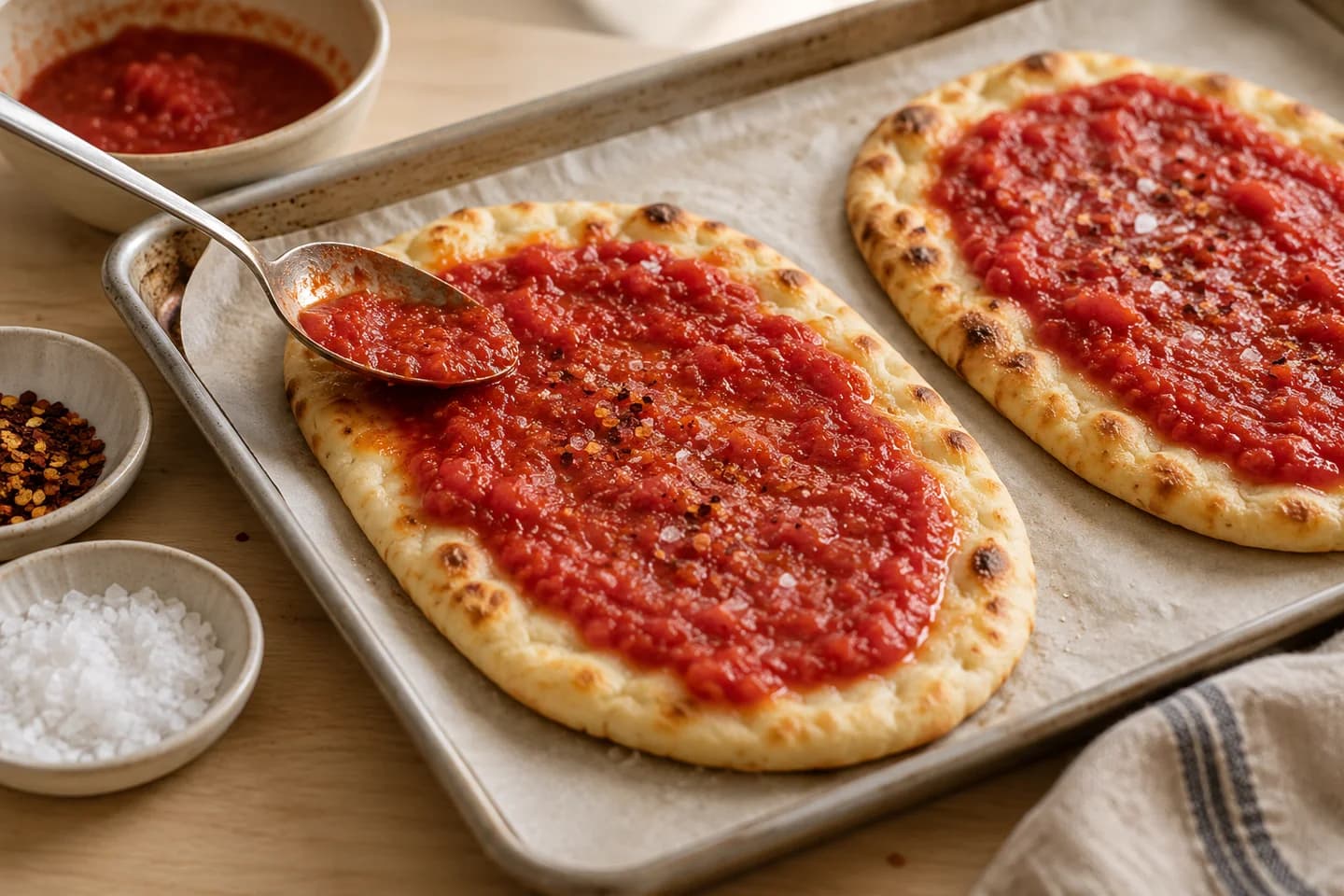 Margherita Flatbread: Spoon crushed tomatoes over each flatbread, leaving a small border, and season with salt and red pepper flakes