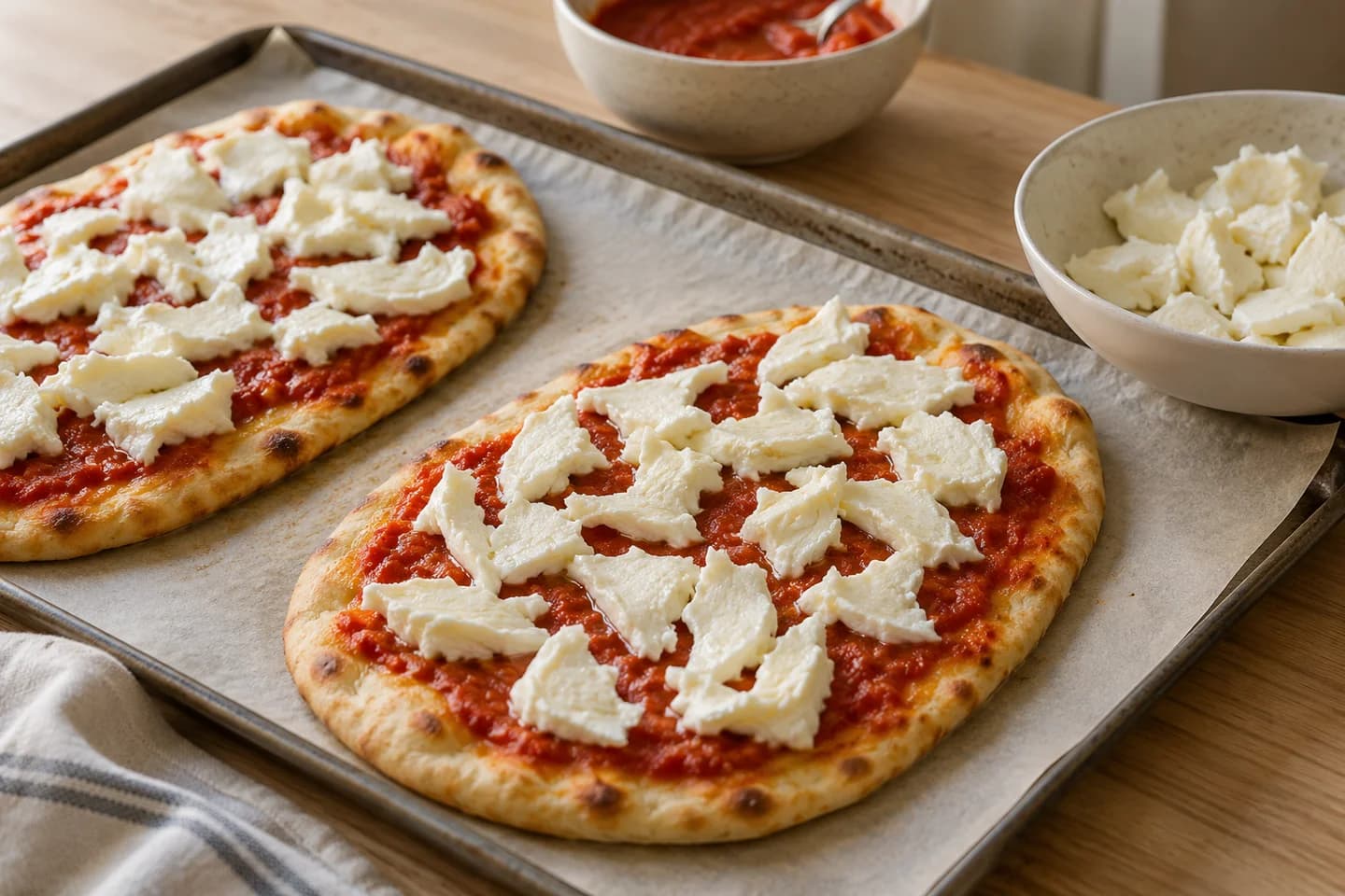 Margherita Flatbread: Scatter vegetarian mozzarella evenly over the surface