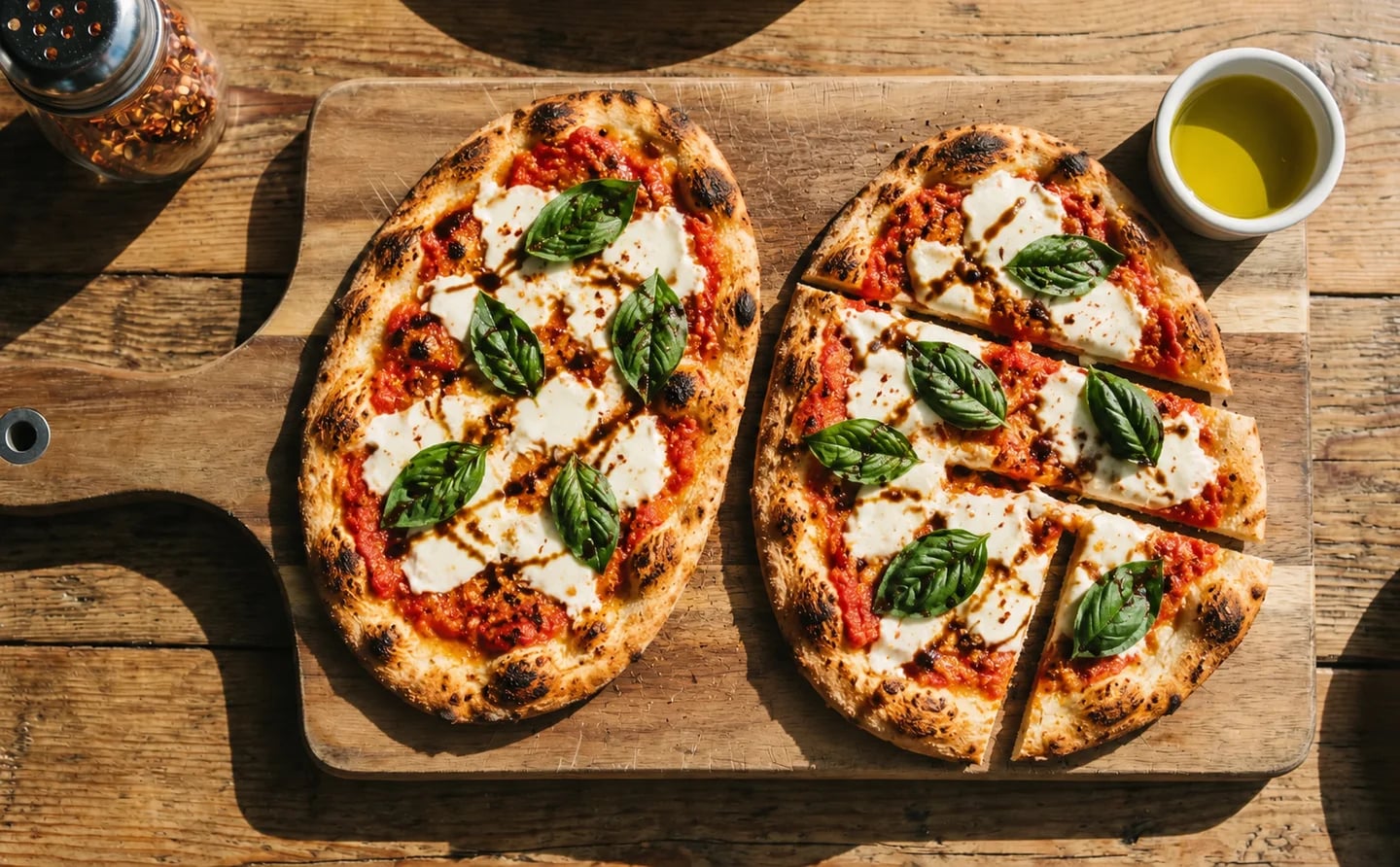 Slices of margherita flatbread on board
