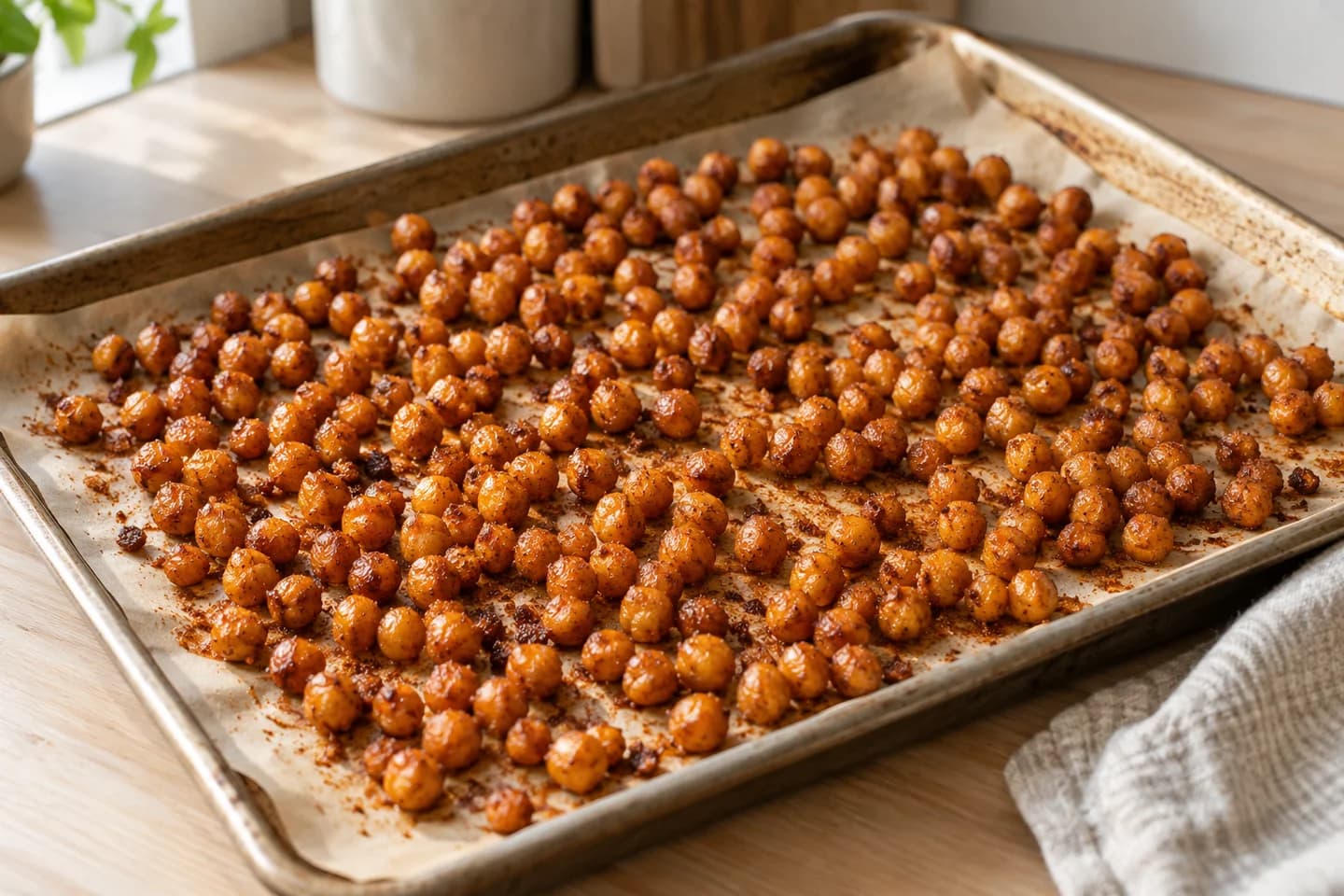 Mediterranean Harissa Chickpea Power Bowls: Roast chickpeas for 18 to 20 minutes, shaking once, until crisp at the edges