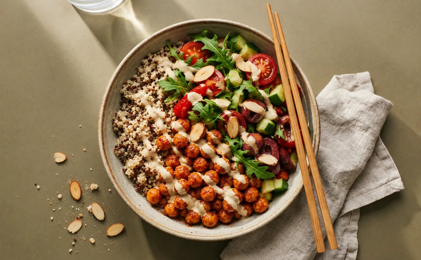 Bowls of quinoa, chickpeas, and vegetables