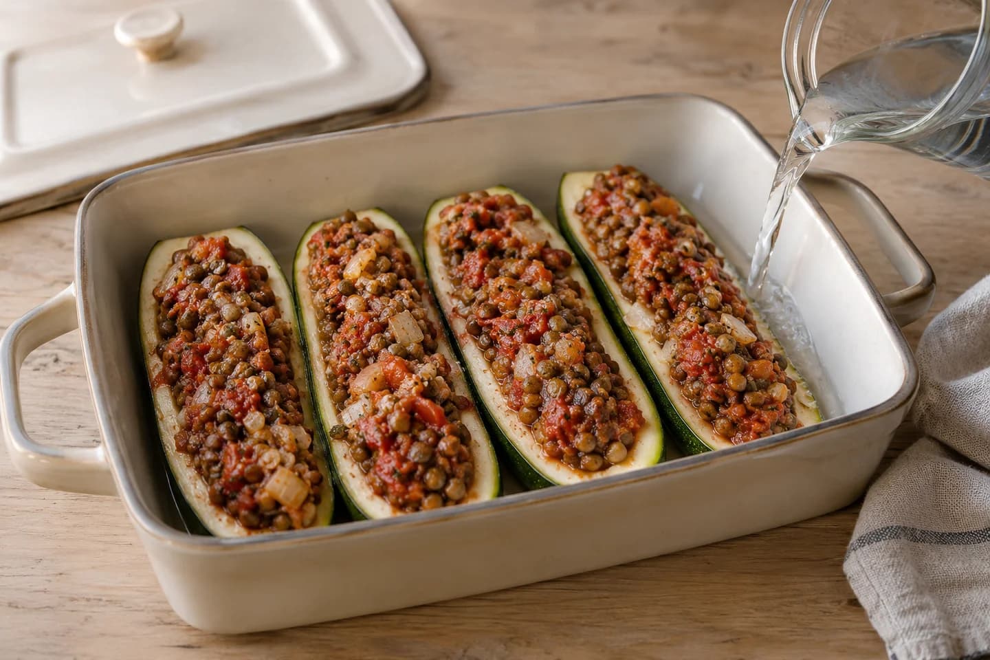 Mediterranean Stuffed Zucchini Boats: Place zucchini shells in a baking dish and divide filling between them
