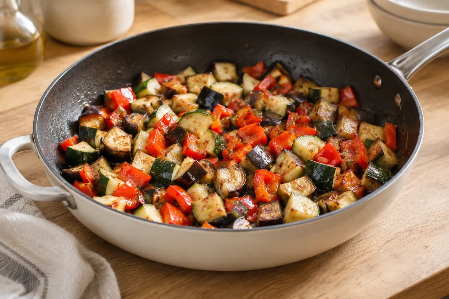 Mediterranean Vegetable Pasta Bake: Sauté zucchini, eggplant and pepper in oil in a wide skillet for 10 minutes