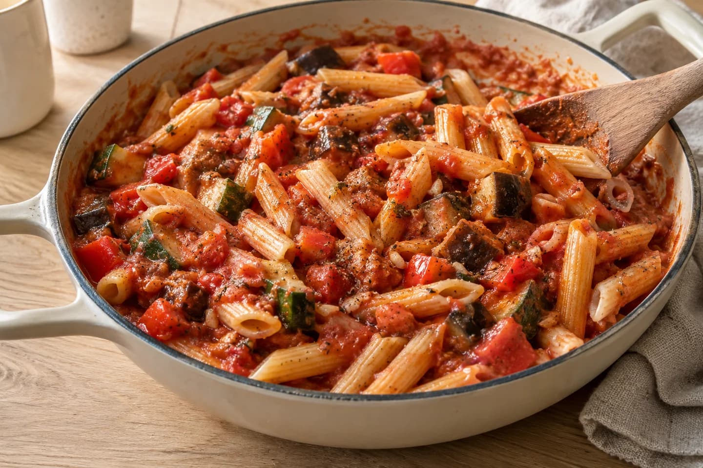 Mediterranean Vegetable Pasta Bake: Add garlic, oregano, passata, salt and pepper and simmer for 5 minutes