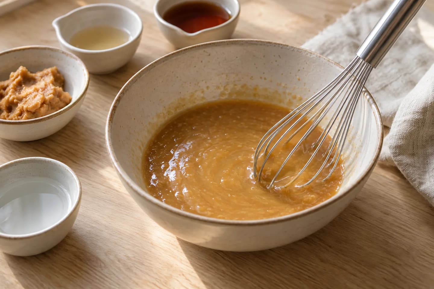Miso Mushroom Rice Bowls: Whisk miso, vinegar, maple syrup and water