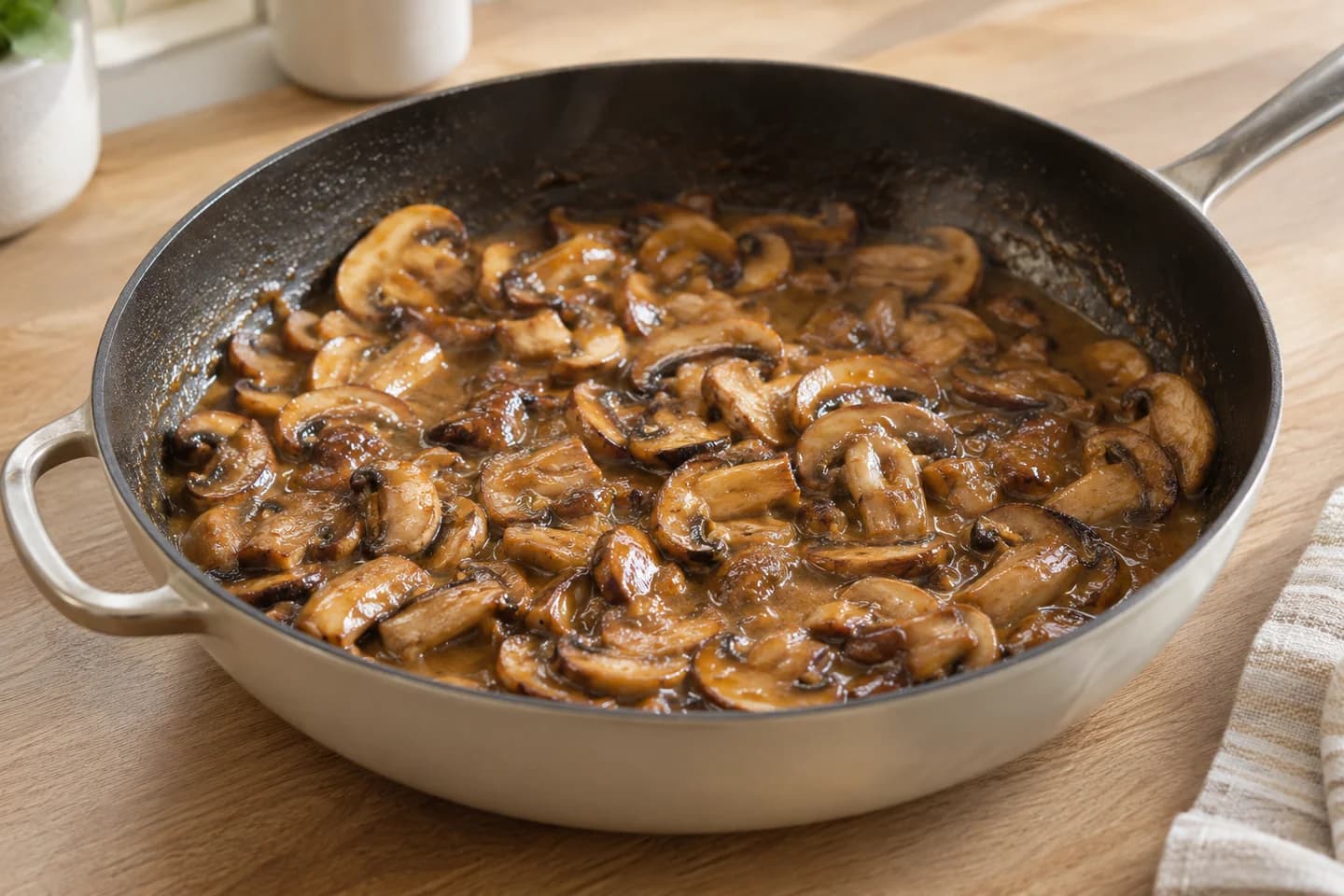 Miso Mushroom Rice Bowls: Brown mushrooms in oil in a wide skillet for 10 minutes