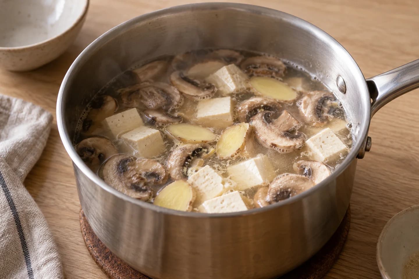 Miso Tofu Noodle Soup: Bring water and ginger to a simmer in a saucepan