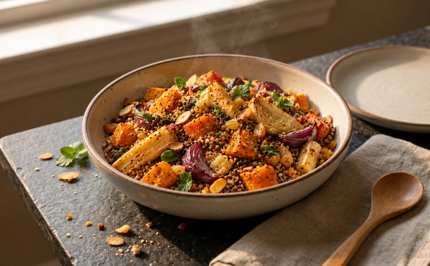 Quinoa bowl with roasted root vegetables