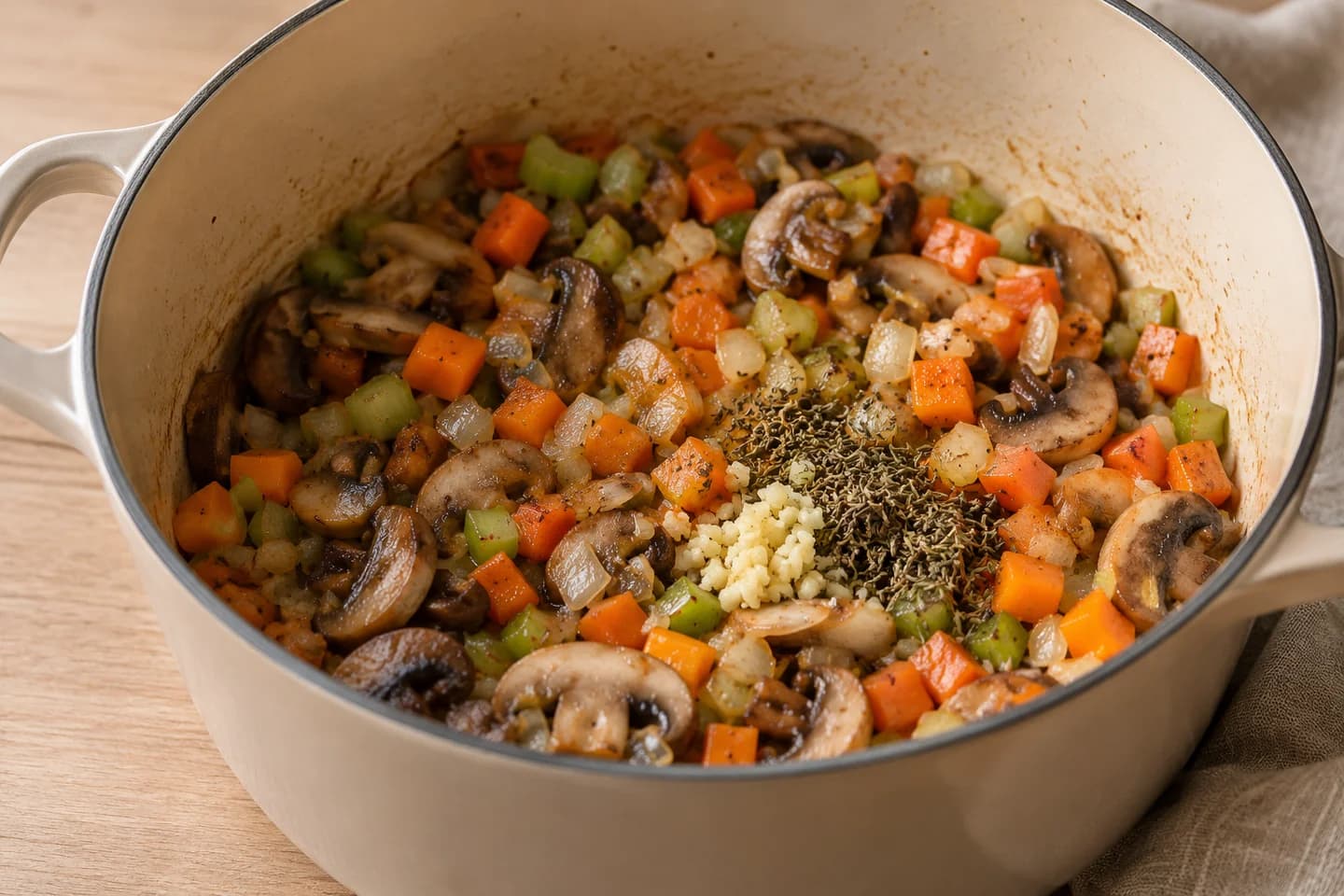 Mushroom Barley Soup: Add onion, carrot and celery and cook for 6 minutes