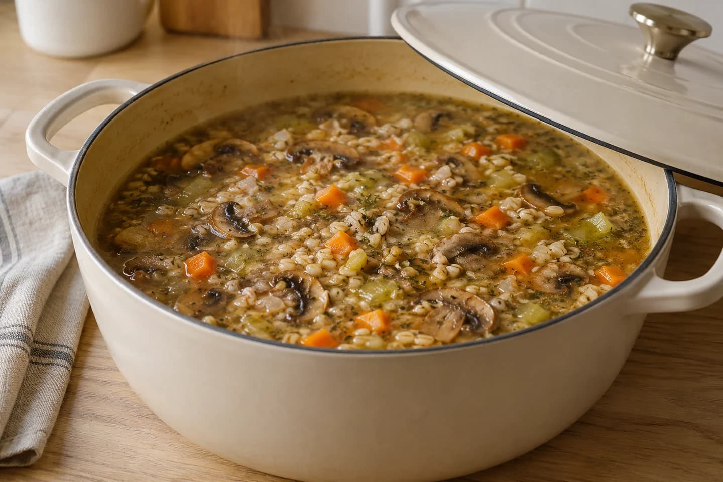 Mushroom Barley Soup: Add barley, stock and salt