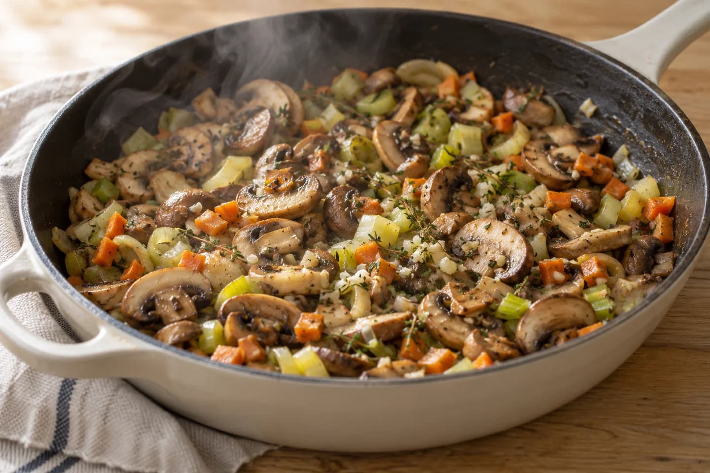Mushroom and Leek Pot Pie: Add the mushrooms and cook until they release their moisture and begin to brown, 8 to 10 minutes