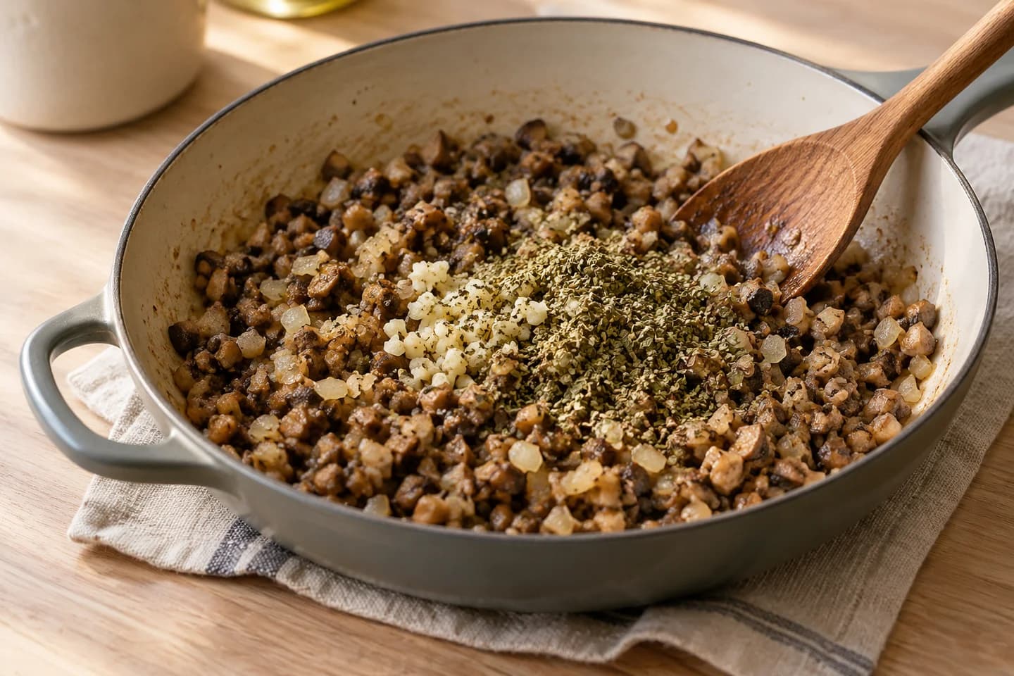 Mushroom Lentil Meatballs: Cook onion and mushrooms in oil for 8–10 minutes until the pan is dry