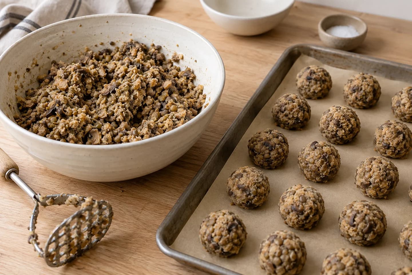 Mushroom Lentil Meatballs: Mash lentils roughly