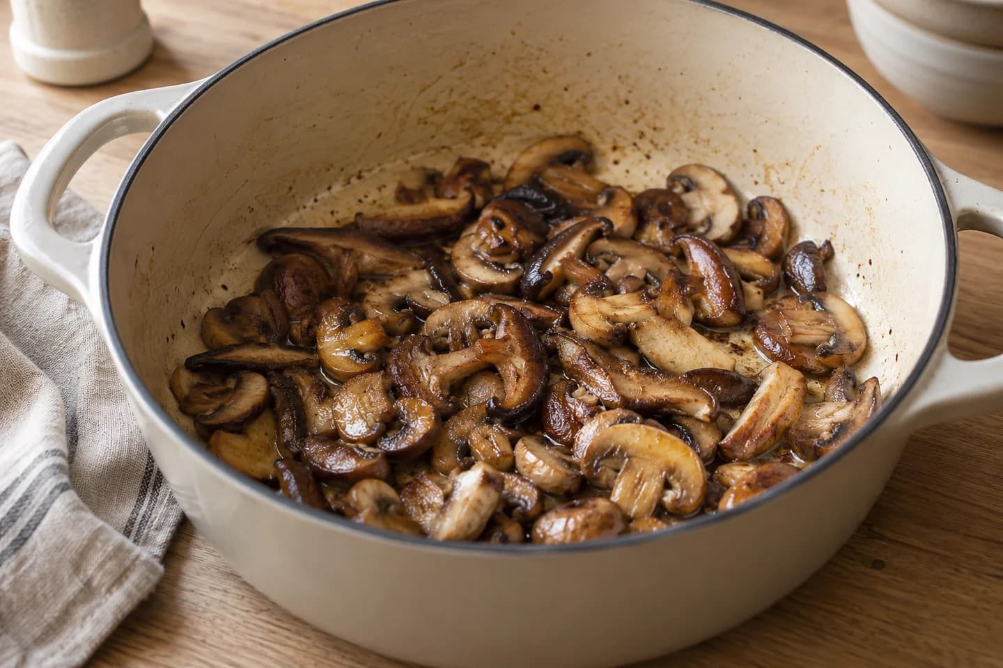 Mushroom Stroganoff: Melt remaining butter with olive oil in a Dutch oven over medium-high heat, then brown the mushrooms in batches until golden and concentrated